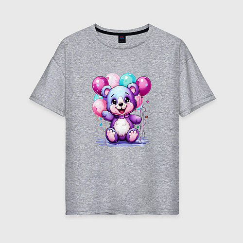 Женская футболка оверсайз Мишка фиолетовый с шарами / Меланж – фото 1
