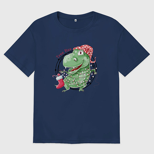 Женская футболка оверсайз Новогодний тирекс / Тёмно-синий – фото 1