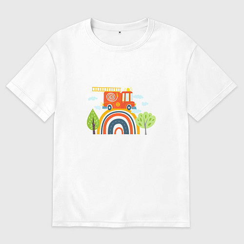 Женская футболка оверсайз Пожарная машина едет по радуге / Белый – фото 1
