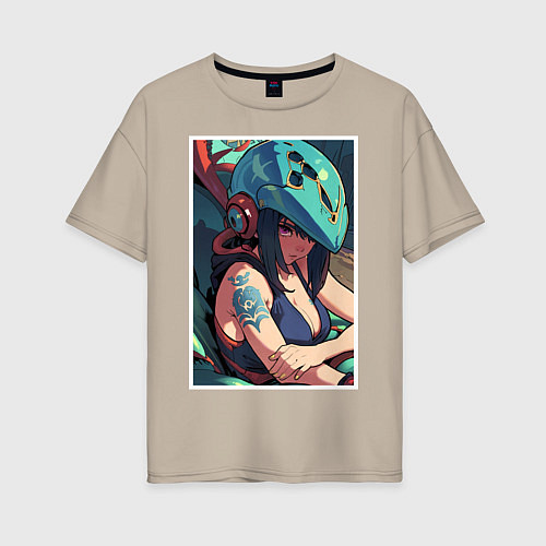 Женская футболка оверсайз Аниме девушка в шлеме / Миндальный – фото 1