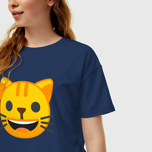 Женская футболка оверсайз Жёлтый котик счастлив / Тёмно-синий – фото 3