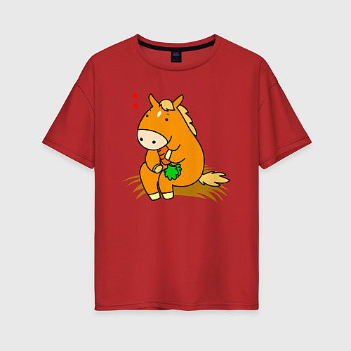 Женская футболка оверсайз Лошадка ест морковку / Красный – фото 1