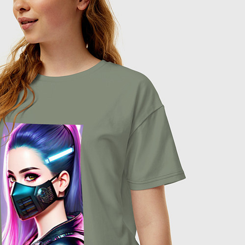 Женская футболка оверсайз Красавица в маске - киберпанк - нейросеть / Авокадо – фото 3