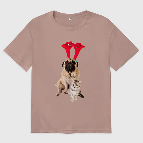 Женская футболка оверсайз Мопс с ушками и котёнок / Пыльно-розовый – фото 1