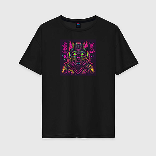 Женская футболка оверсайз Неоновый кот самурай / Черный – фото 1