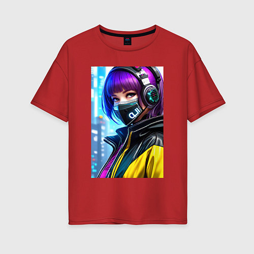 Женская футболка оверсайз Cool girl in a mask - neural network / Красный – фото 1