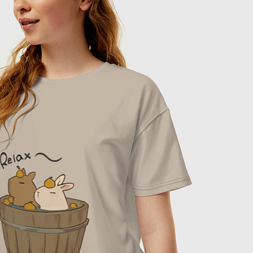 Женская футболка оверсайз Милая капибара с зайчиком и апельсинкой / Миндальный – фото 3