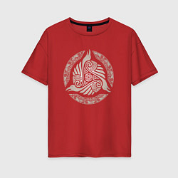 Футболка оверсайз женская Вороны - скандинавский орнамент, цвет: красный