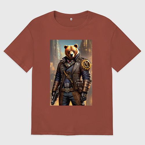 Женская футболка оверсайз Крутой медведь в стиле стимпанк - нейросеть / Кирпичный – фото 1