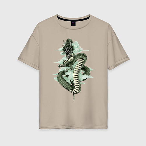 Женская футболка оверсайз Зеленый дракон в облаках / Миндальный – фото 1