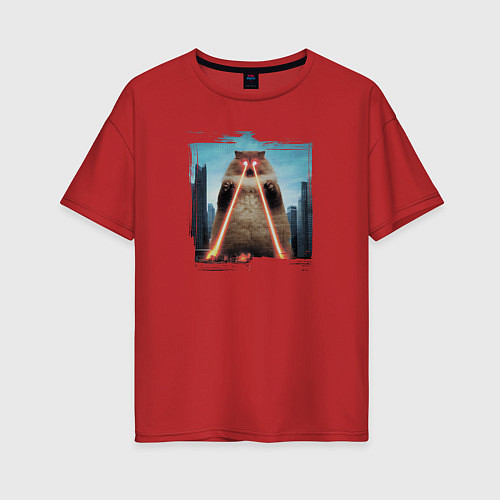 Женская футболка оверсайз Пушистый Котзилла / Красный – фото 1