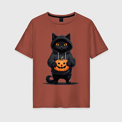 Женская футболка оверсайз Кот в черном худи держит в руках тыкву