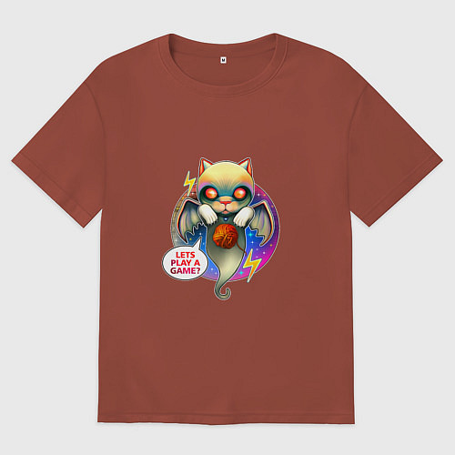 Женская футболка оверсайз Кот призрак с клубочком / Кирпичный – фото 1