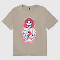 Футболка оверсайз женская Матрешка красно черная с птицей петух, цвет: миндальный