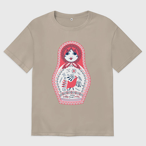 Женская футболка оверсайз Матрешка красно черная с птицей петух / Миндальный – фото 1