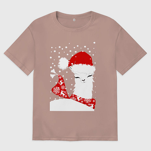 Женская футболка оверсайз Лама в шапочке и шарфе / Пыльно-розовый – фото 1