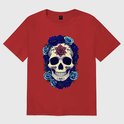 Женская футболка оверсайз Череп с сининими розами / Красный – фото 1