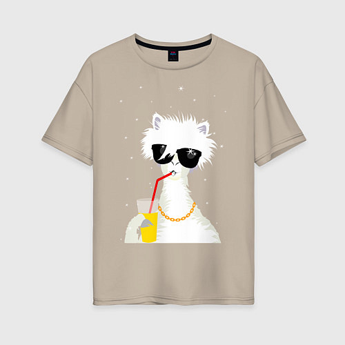 Женская футболка оверсайз Лама - альпака с бокалом / Миндальный – фото 1