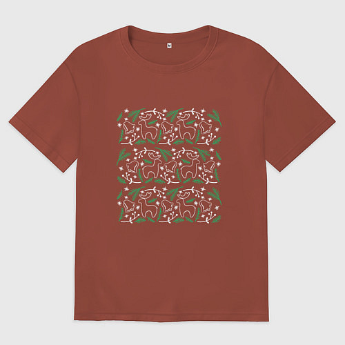 Женская футболка оверсайз Рождественский узор с оленями / Кирпичный – фото 1