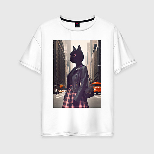 Женская футболка оверсайз Cat fashionista - New York - ai art / Белый – фото 1