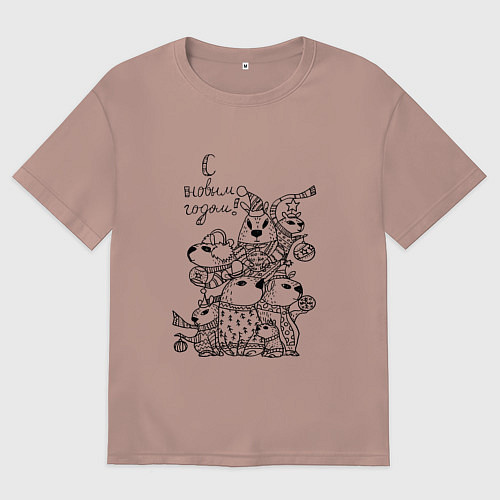 Женская футболка оверсайз Новогодняя семья капибары - раскраска / Пыльно-розовый – фото 1