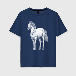 Футболка оверсайз женская Белая лошадь стоит, цвет: тёмно-синий