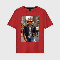 Женская футболка оверсайз Cool tiger on the streets of New York - ai art