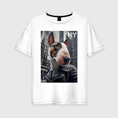 Женская футболка оверсайз Dude bull terrier in New York - ai art / Белый – фото 1