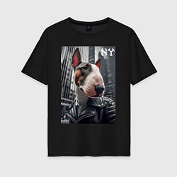 Футболка оверсайз женская Dude bull terrier in New York - ai art, цвет: черный