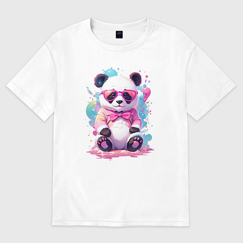 Женская футболка оверсайз Милая панда в розовых очках и бантике / Белый – фото 1