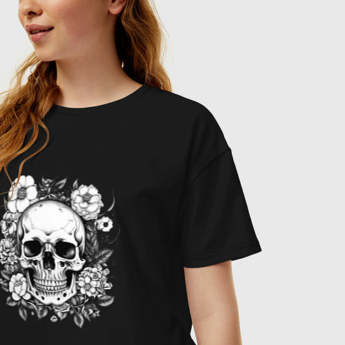Женская футболка оверсайз Skull in flowers from napalm 696 / Черный – фото 3