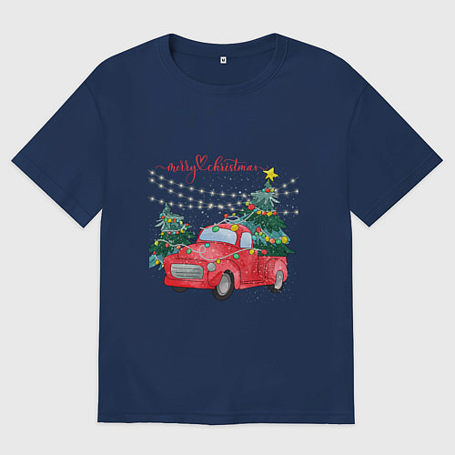 Женская футболка оверсайз Красная машинка с елкой / Тёмно-синий – фото 1