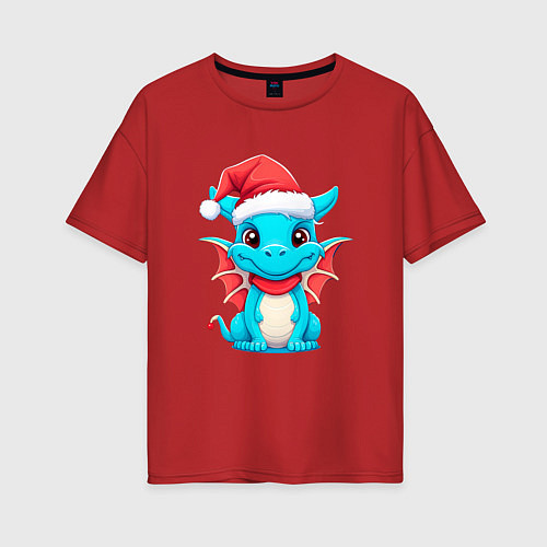 Женская футболка оверсайз Дружелюбный дракон зимних чудес / Красный – фото 1
