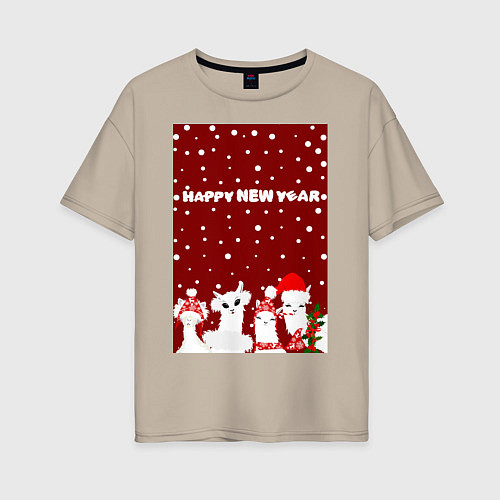 Женская футболка оверсайз Семья лам на новогодних каникулах / Миндальный – фото 1