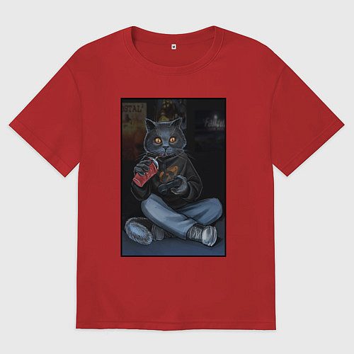 Женская футболка оверсайз Кот - задрот / Красный – фото 1