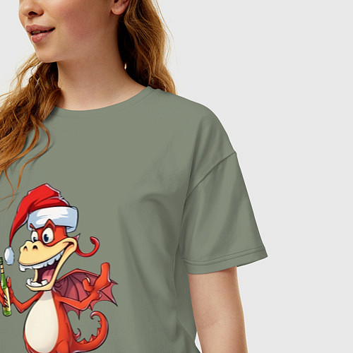 Женская футболка оверсайз Новогодний дракон с шампанским / Авокадо – фото 3