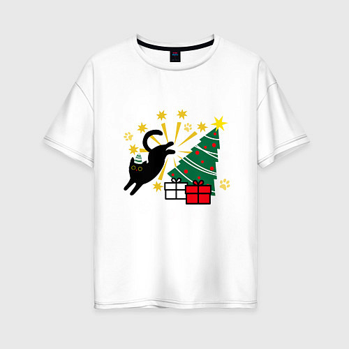 Женская футболка оверсайз Кот и елка / Белый – фото 1