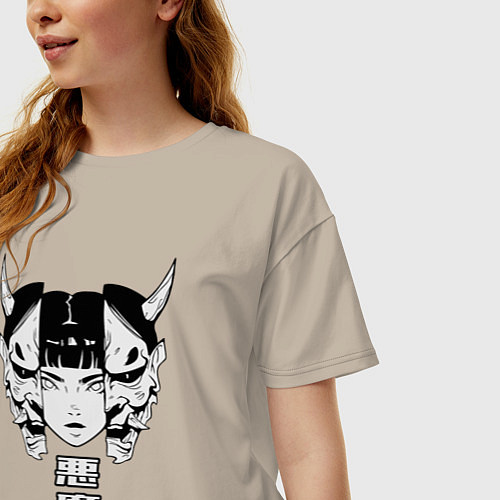 Женская футболка оверсайз Маска демона Они / Миндальный – фото 3
