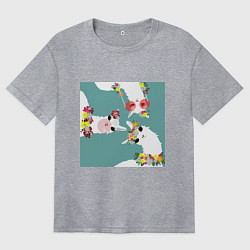 Футболка оверсайз женская Три ламы с цветами, цвет: меланж