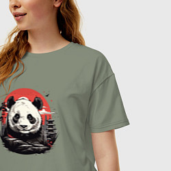 Футболка оверсайз женская Панда с красным солнцем, цвет: авокадо — фото 2