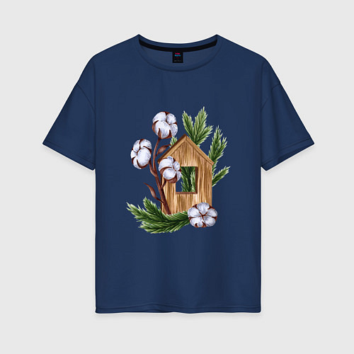 Женская футболка оверсайз Деревянный домик с хлопком и еловыми ветками / Тёмно-синий – фото 1