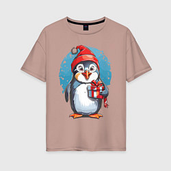 Женская футболка оверсайз Пингвин с новогодним подарком
