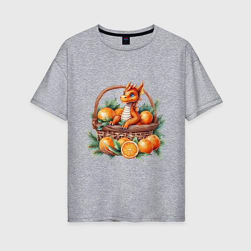 Женская футболка оверсайз Оранжевый дракон 2024 как мандарин в корзинке / Меланж – фото 1