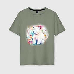 Женская футболка оверсайз Милый белый мишка на цветочной поляне