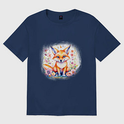 Женская футболка оверсайз Милый большеухий лисенок сидит в цветах