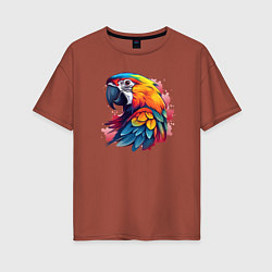 Женская футболка оверсайз Яркий попугай на красных брызгах