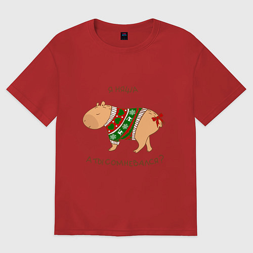 Женская футболка оверсайз Капибара зимой в свитере / Красный – фото 1