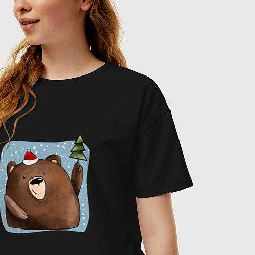 Женская футболка оверсайз Медведь и елка / Черный – фото 3