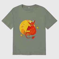 Футболка оверсайз женская Красный дракон на фоне луны, цвет: авокадо