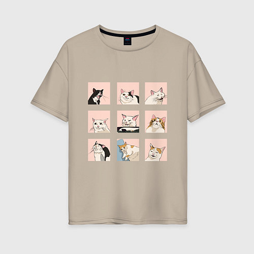 Женская футболка оверсайз Мемные коты / Миндальный – фото 1